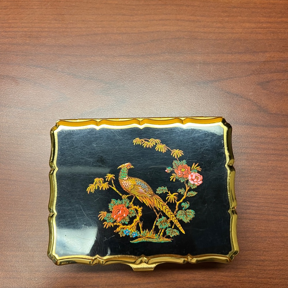 Vintage Stratton England Black and Gold Box with Bird Design